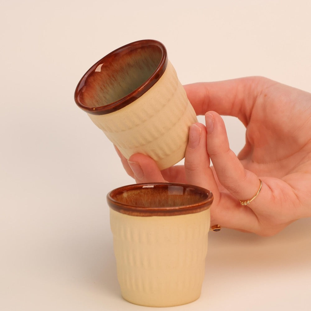 White Stoneware, Ceramic Single Espresso Cup, Handmade Minimalistic Cup Glazed in Brown